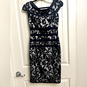 Tadashi Shoji Lace Floral Midi Dress, Navy and Cream, Size 2